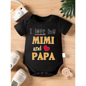 Adorable "I Love My Mimi and Papa" Black Cotton Onesie for Babies - Comfortable Short Sleeve Bodysuit with Colorful Letter Print, Machine Washable, Ideal for Casual Outdoor Wear, Perfect for Outdoor