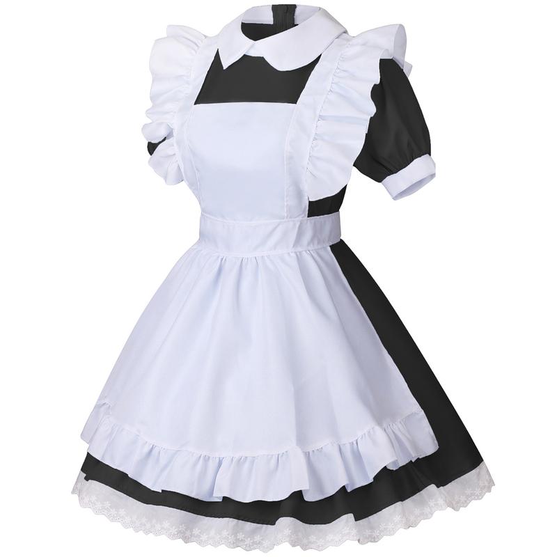 Women's Lolita French Maid Outfit Halloween Anime Costume with Apron Gloves Headband Socks 6 Pcs Set Cosplay Clothing cute fursuit