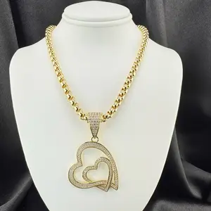 Rolo Chain with Doble Heart Shaped Pendant - 20 Inches Long, Gold Finish