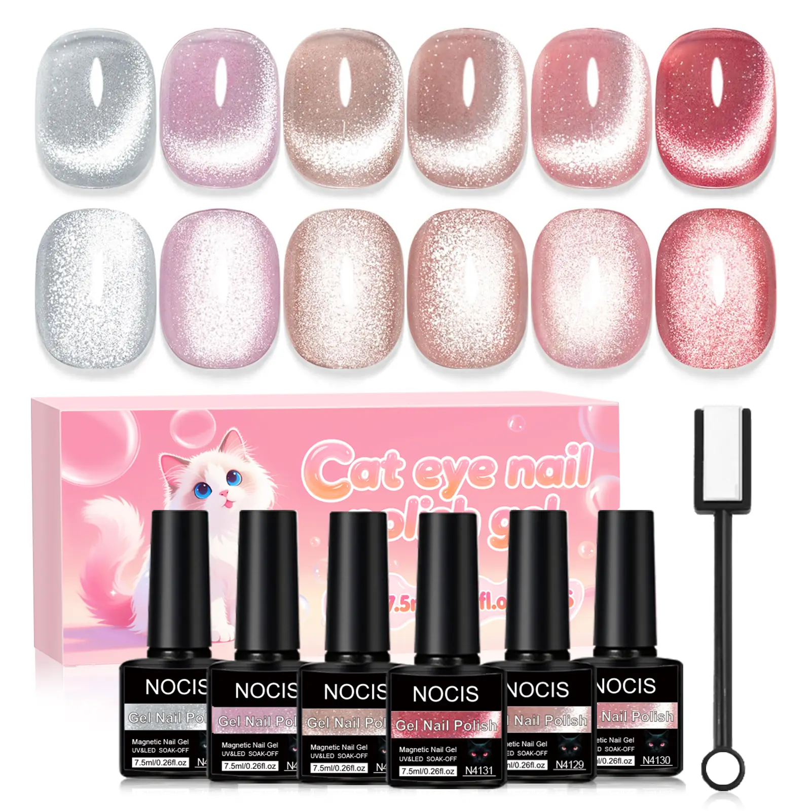 NOCIS Eyeshadow Gel Nail Polish, Cosmetic, Nail Art, Nail Products - Gel Nail Polish Sets, Magnetic Neon Design, Shimmer Glitter & Holographic Reflective Magnetic Set, 0.5oz Bottles, 6 Shades (Pink, Green), For At-Home Manicures, Manicure Tool