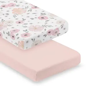 Sweet Jojo Designs 2-Piece Muslin Crib Sheets (Pink Boho Floral) for Baby Girls, Infant Nursery, Toddler Room - Standard Size 100% Cotton Sheet Set (Solid Blush & Bohemian Farmhouse Shabby Watercolor)