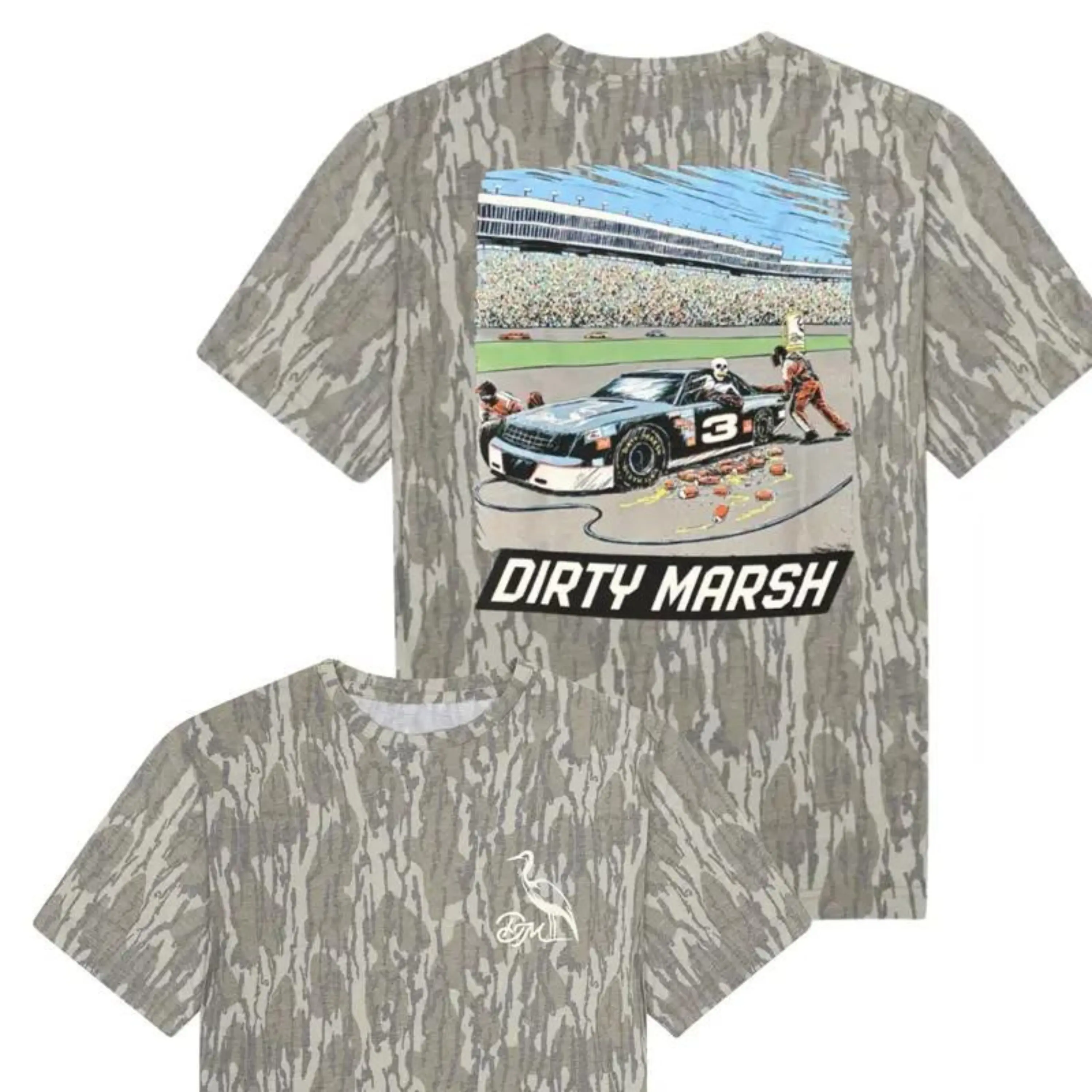 Funny Dirty Mash Racing Mossy Oak Bottomland Camo Hunting T-Shirt for Men, 3D Camouflage Outdoor Tee, Waterfowl Hunting Gear, Realtree Style Camo Shirt