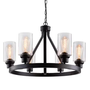 6-Light Modern Black Chandelier, Vintage Candle Farmhouse Ceiling Pendant Light Fixture with Glass Shade for Dining Room, Living Room,Bedroom, Kitchen