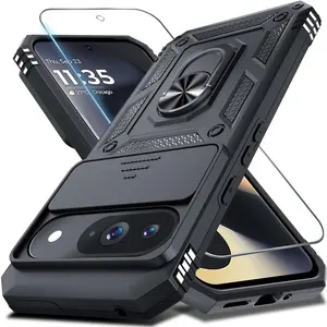 Case Compatible with Google Pixel 9/9 Pro Built in Slide Camera Lens Cover+Screen Protector+Finger Ring Holder Kickstand,Heavy Duty Shockproof Full Body Protective Phone Cover Protection Smartphone Cellphone Phonecase Casing