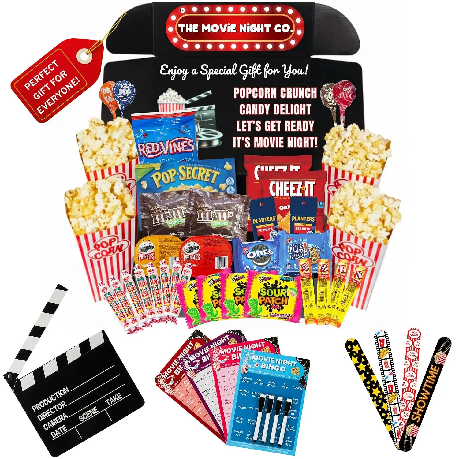 Movie Night Co. Gift Basket – 42 Piece Snack Box with Popcorn, Candy, Chocolate & Bingo Game – Family Movie Night Kit, Date Night Gift Set, Snack Bundle for Kids, Teens & College Students – Birthday Gift