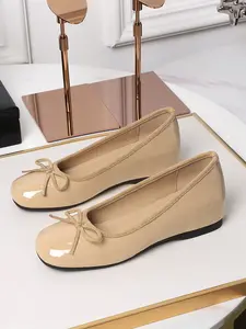 Women's Leopard Print Slip-On Ballet Flats, Round Toe PU Leather Shoes with Bow Decor, Casual High Heel Single Shoe for Daily Wear