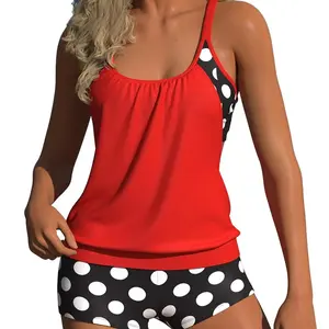 Red & Black Polka Dot Color Block Tankini Set for Women, Ruched Tummy Control Top with Boyshorts, Retro American Style Two Piece Swimwear Perfect for Beach Vacation and Pool Days