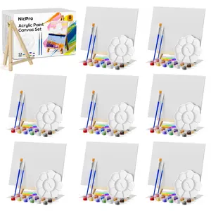 Nicpro 8 Pack 8×10 Inch Canvas Boards Kits for Painting, Art Canvas Set with 16 Brushes, 8 Paint Trays, 8 × 12 Acrylic Paint, Mini Drawing Easel Set, Sip and Paint Kit for Adults & Kids Party