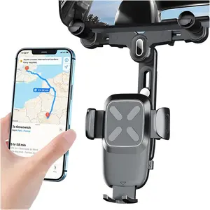 Rear View Mirror Phone Holder, 360? Rotatable&Retractable Auto Rearview Clip Mobile Mount Holder, Multifuctional GPS Holder with Anti-Shake Design, Universal for All Phone& (Black)