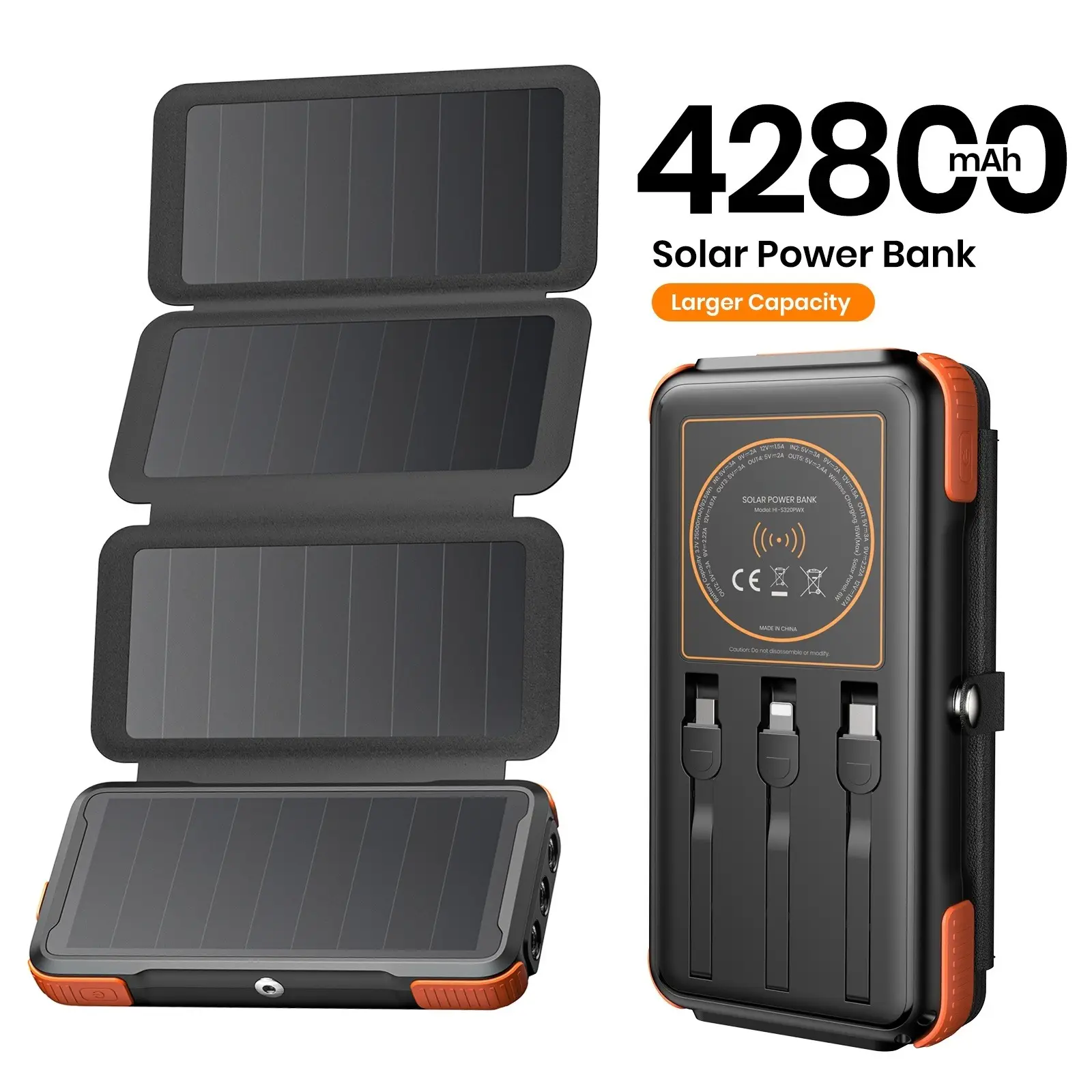 Solar Charger Wireless Portable Charger, 20W Fast Charging Power Bank with Built-in 3 Cables, Phone Battery Pack with 4 Solar Panels & Flashlights for