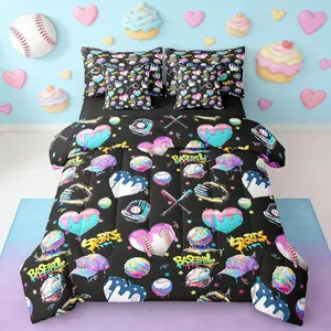 Baseball Ice Cream Kids Comforter Set with Sheets，Pillowcases & Cushion Cover ,Baseball Sports Microfiber Dessert 7 Piece Bedding Set,Black Pink Blue Bed in a Bag Machine Washable