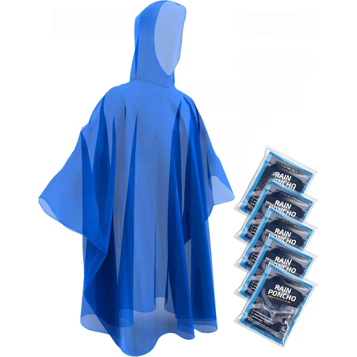 Adults' Disposable Dark Blue Solid PE Plastic Raincoats (5-Pack) - One Size, Long, 2x Thicker, Hooded, Practical Motorcycle Rain Jackets, Compact Camping Gear, Clothes, Menswear, Music Accessories