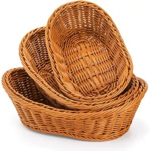 3 Pack Small Woven Breads Baskets, Oval Fruit Baskets Stackable Plastic Wicker Trays for Serving Vegetables, Kitchen, Restaurant, Outdoor, Imitation Rattan Brown, 3 Sizes