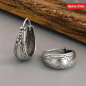 Hypoallergenic 925 Silver Plated Copper Hoop Earrings - Vintage Carved Pattern, Simple Retro Style, Boho Chic Design, Durable, And Female Accessory For Daily Wear,-Giving Occasions, And Christmas.
