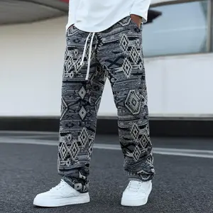 Men's Multicolor Geometric Print Wide-Leg Pants, Elastic Waist with White Drawstring, Lightweight Fabric, Baggy Streetwear Fit, Ideal for Casual Wear, Summer, and Urban Style, a vibrant statement wardrobe staple.