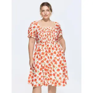 BLOOMCHIC Women's Plus Size Smooth Polyester Casual Wear Garment - Floral Print Puff-Short Sleeve Mini Dress with Pockets, Fit [M-6X], 2026 Summer Swimweek Vibes Deal