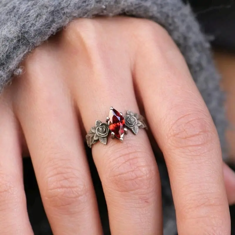 Vintage Marquise Garnet Ring, Silvery Plated Garnet Ring, Special Jewelry, Garnet Engagement Ring Promise Ring Rose Style Ring Fashion Jewelry