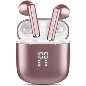 Wireless Earbuds, Bluetooth 5.3 Headphones with 4-Mics Clear Call and ENC Noise Cancelling, Bluetooth Earbuds Touch Control Stereo Sound with LED Display, Waterproof Running Headphones (Rose Gold)