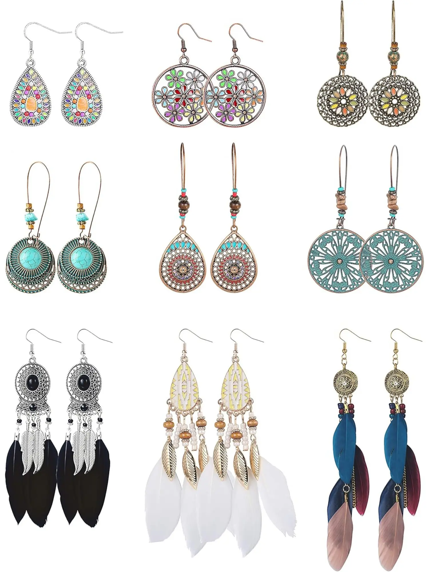 9Pairs Bohemian Vintage Statement Earrings For Women National Style Hollow Water Drop Leaf Shaped Dangle Earrings Tassel Feather Earrings Dangling Earrings Dangle Earrings Set