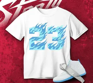 Unisex T-shirt to match Jordan 12 Melo Blue Black White - Number 23 MJ Fire. 100% Cotton for Casual Wear. Comfortable Summer Unisex T-Shirt to match Jordan Sneaker. Streetwear Style. urban outfitters