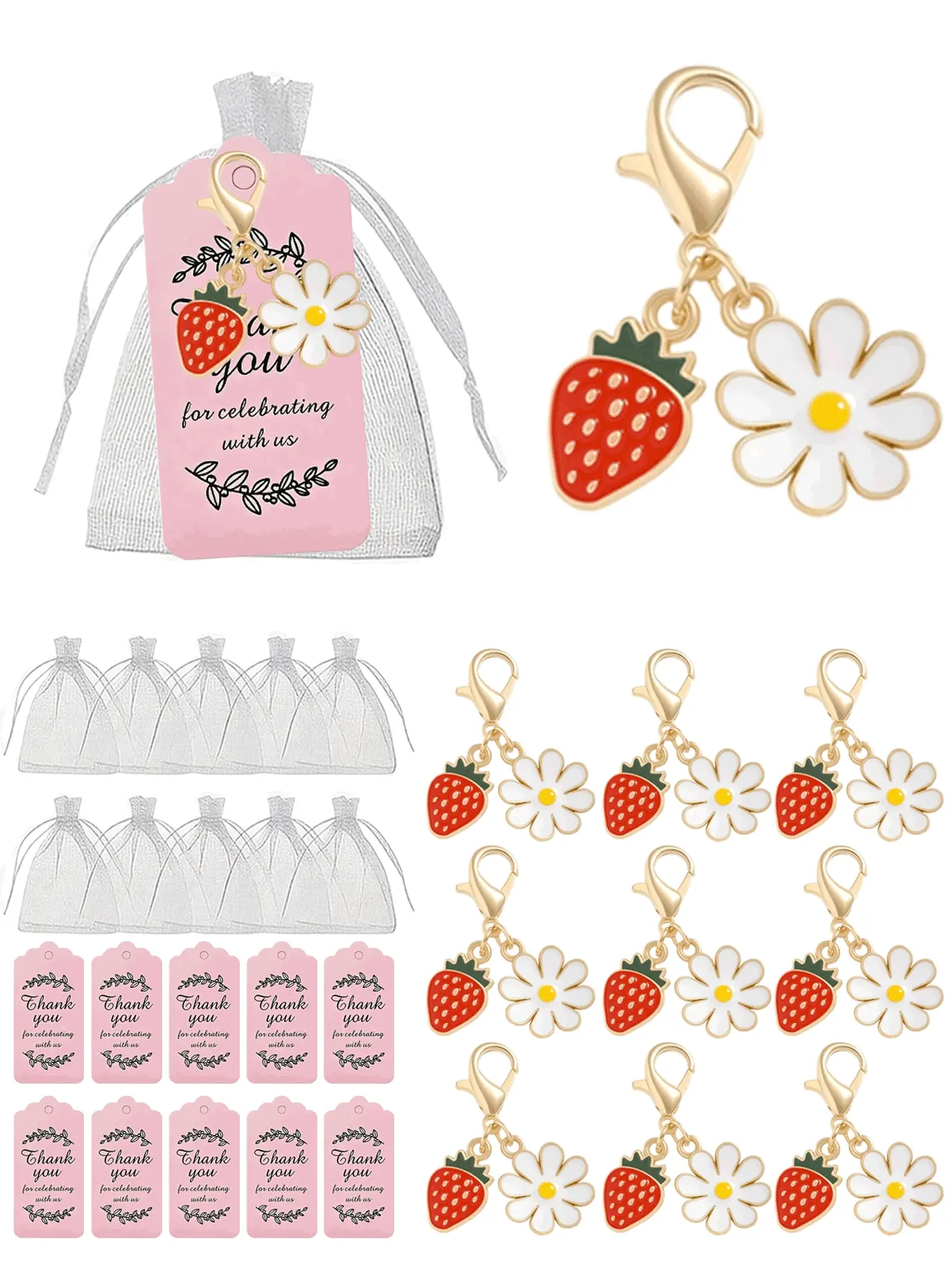 10 Pcs Daisy Strawberry Keychain Set, Women's Fashion Accessories, Party Wedding Gift with Card and Bag, Elegant Present Idea, Keychain Accessory