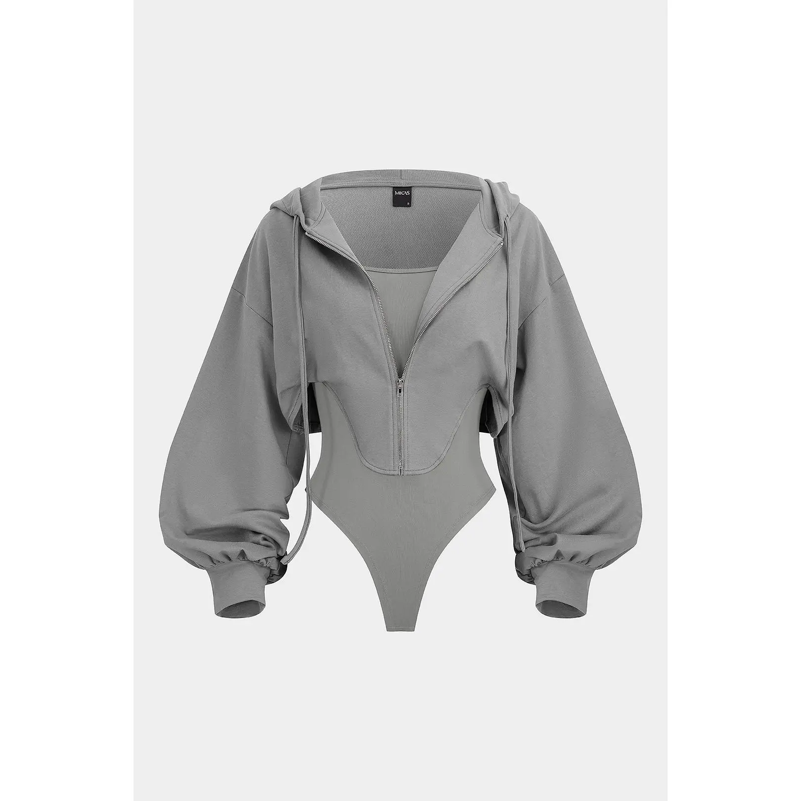 Contrast Hooded Zipper Drawstrings Long-Sleeve Bodysuit