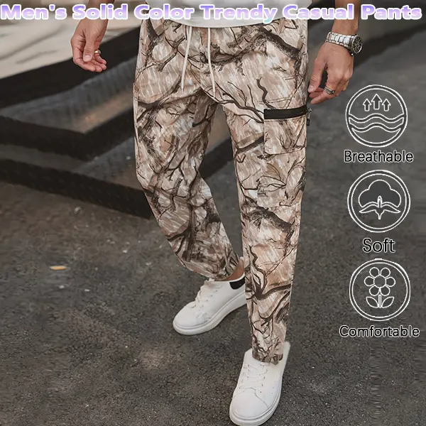 Men's camouflage print zippered pocket trousers, slim-fit athletic pants, durable trousers for autumn, men's wear-resistant outdoor training pants, streetwear fashion, vacation wear, men's clothing