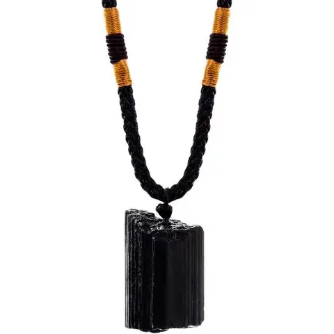 Natural Raw Tourmaline Wand Pendant Necklace - Amulet Black Gemstone Protection Charm with Adjustable Rope for Daily Use, Christmas Gift