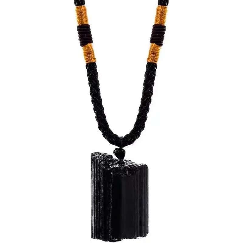Natural Raw Tourmaline Wand Pendant Necklace - Amulet Black Gemstone Protection Charm with Adjustable Rope for Daily Use, Christmas Gift