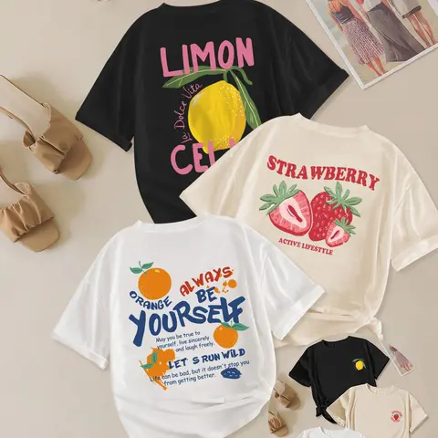 Women's Fruit Print Round Neck Tee, Casual Short Sleeve Crew Neck T-shirt for Summer, Casual T Shirts, Fashion Women's Top for Daily Wear