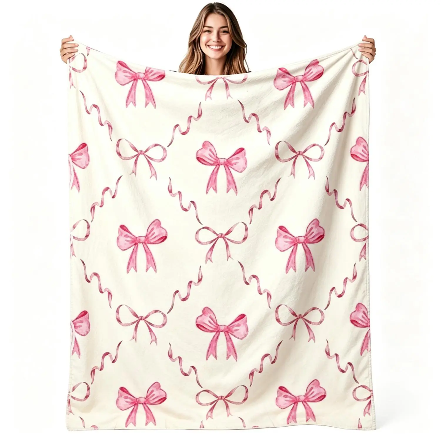 Pink Bow Throw Blanket Cute Ribbon Pattern Soft Flannel Blanket Cozy Decorative Blanket for Sofa Bed Sweet Girly Home Decor Gift