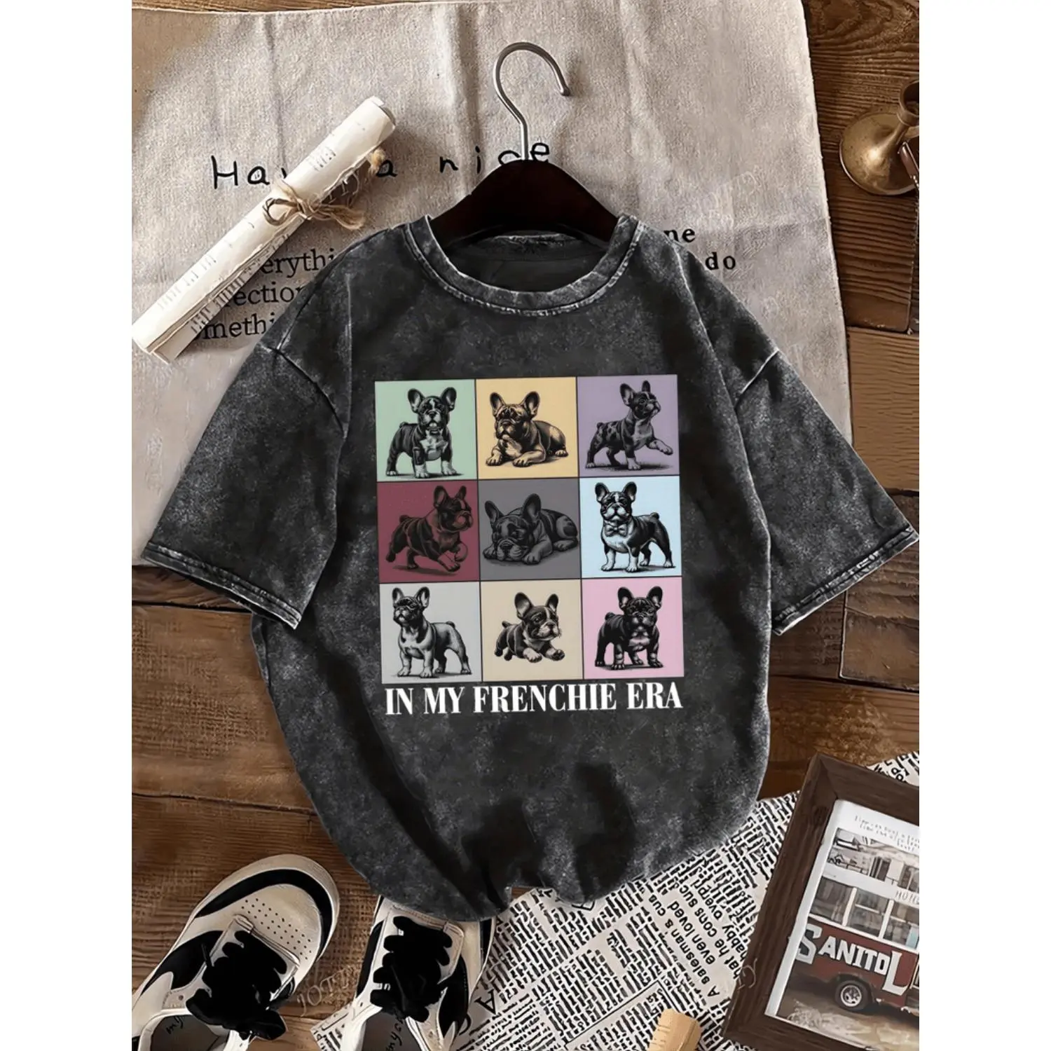 Women's French Bulldog Print T-Shirt - "My French Era" 4-color dog pattern loose casual top, round neck, machine washable for summer, daily wear, fun design, soft fabric