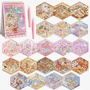 Easter Gift DIY 3D House Stickers Scene Book - 20 Sets Isometric Sticker Therapy for Adults Stress Relief Pass The Time, Make Your Own Miniature Supermarket Cute Cartoon Animal Scene Funny Stickers for Kids