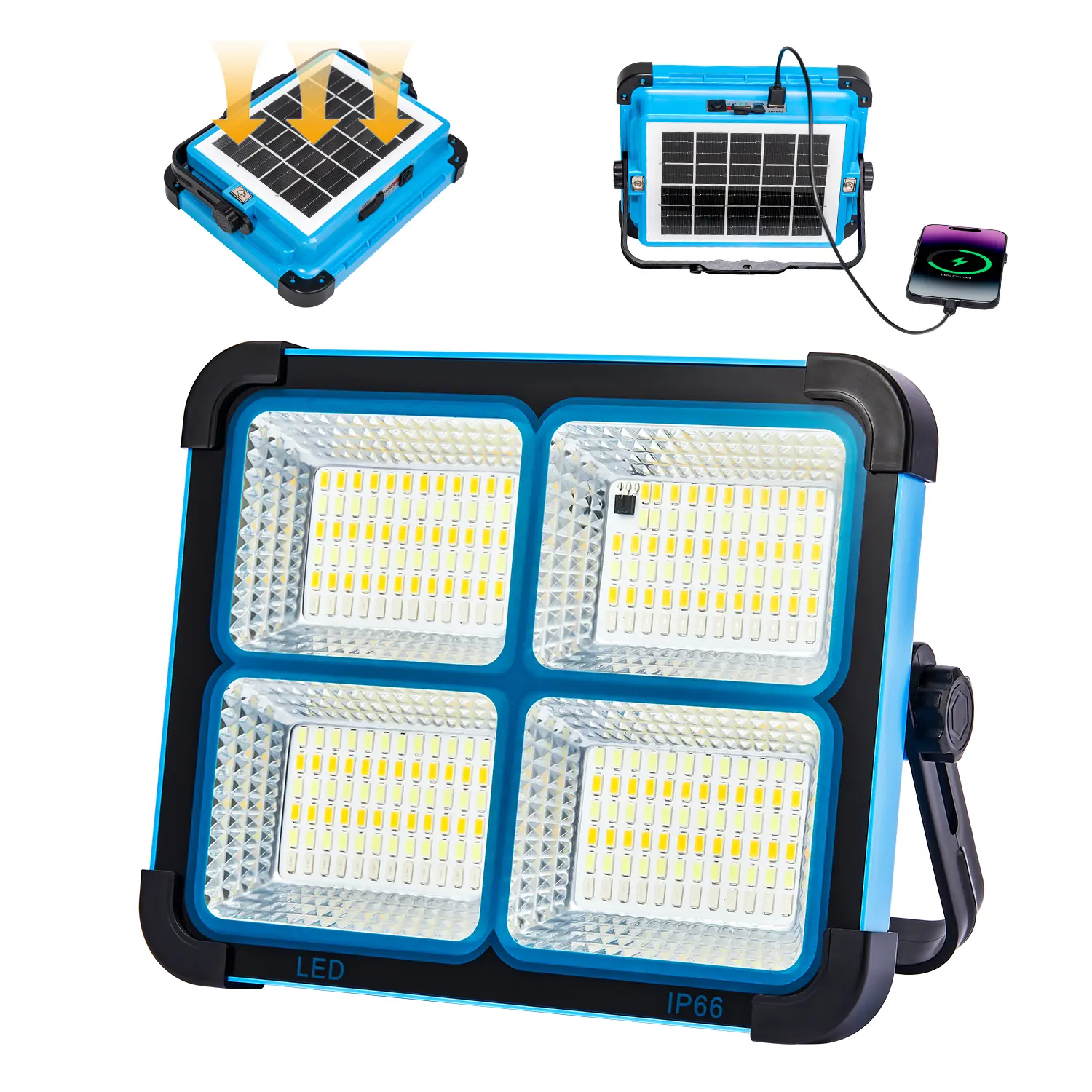 Solar Rechargeable LED Work Light, 288 LED Portable Flood Light with USB & Type-C Charging, 5 Lighting Modes, IP66 Waterproof Emergency Outdoor Lamp for Camping, Garage, Fishing & Job Site homedecor