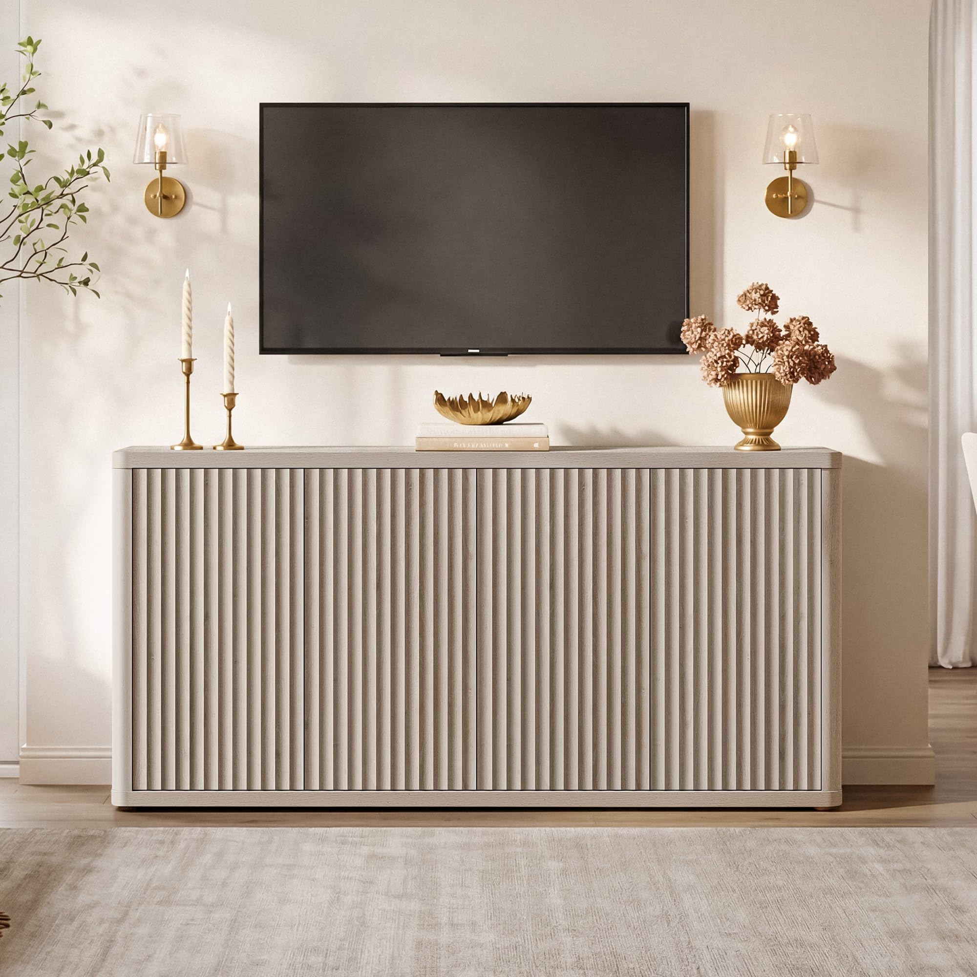 SICOTAS Modern Long Fluted TV Stand - Single Unit Media Console with Storage, Solid Base Entertainment Center for 65" TVs, Living Room Furniture, Storage Space