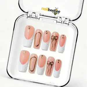 NailBeeBee｜10PCS 100% Handmade Press-On Nails｜D158 1.2 Inch｜Reusable Colorful Art Acrylic Stylish｜Champagne Bow French Tips