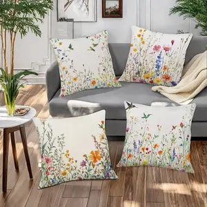 Floral & Bird Pattern Cushion Cover, 4 Counts Square Throw Pillow Cover, Household Decoration Supplies for Home Living Room Bedroom