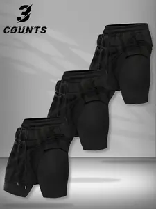 Men's 2-in-1 Quick Dry Athletic Shorts 3-Pack, Performance Streetwear Style, Breathable Mesh Outer Layer & Compression Liner, Elastic Waist with Drawstring, Ideal for Running, Gym Training, Basketball & Trendy Activewear, Perfect for Fitness Enthusiasts