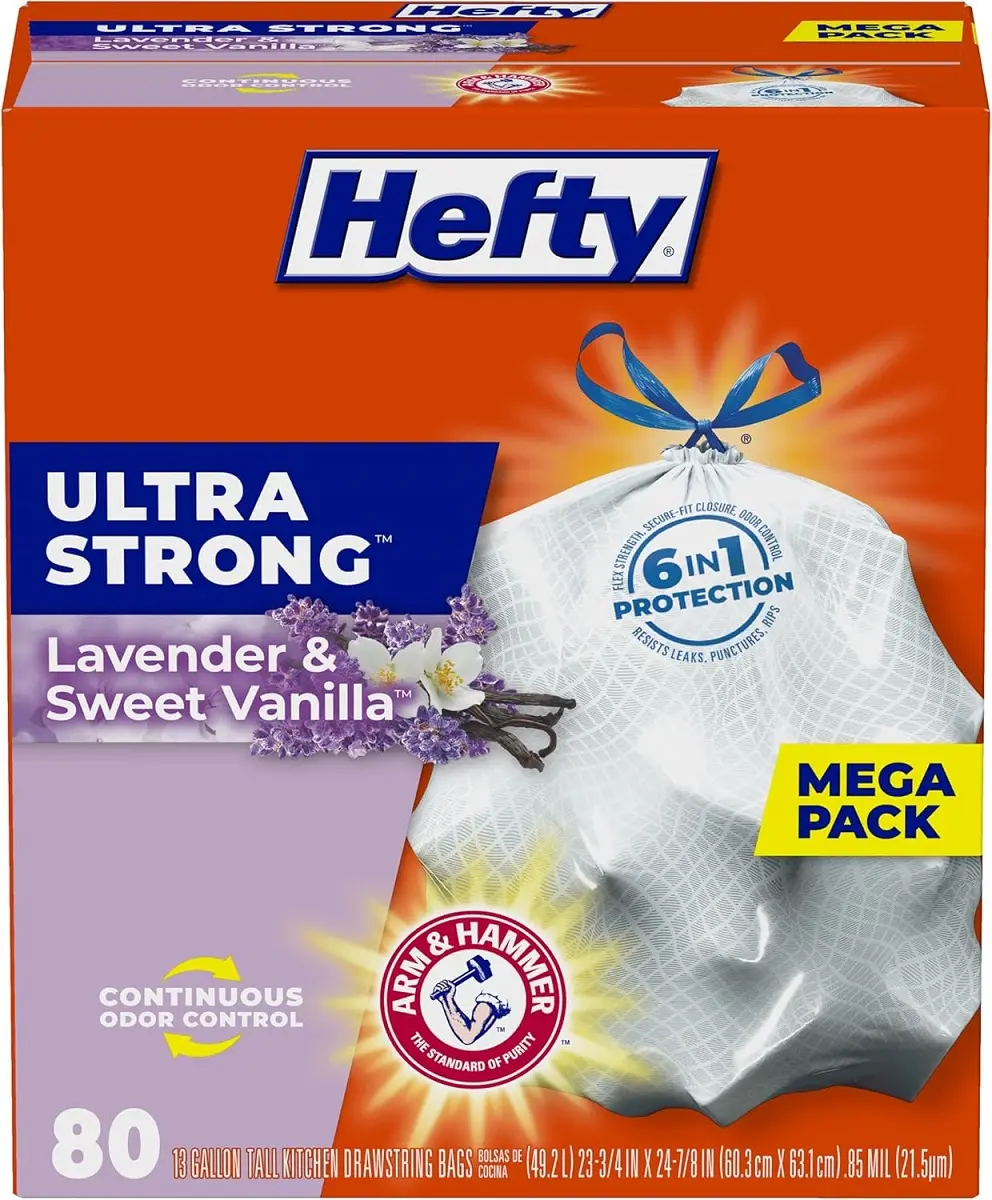 Hefty Ultra Strong Tall Kitchen Trash Bags 13 Gallon Lavender & Sweet Vanilla Scent 80 Count Drawstring Closure Odor Control Flexible Strength garbage  bag