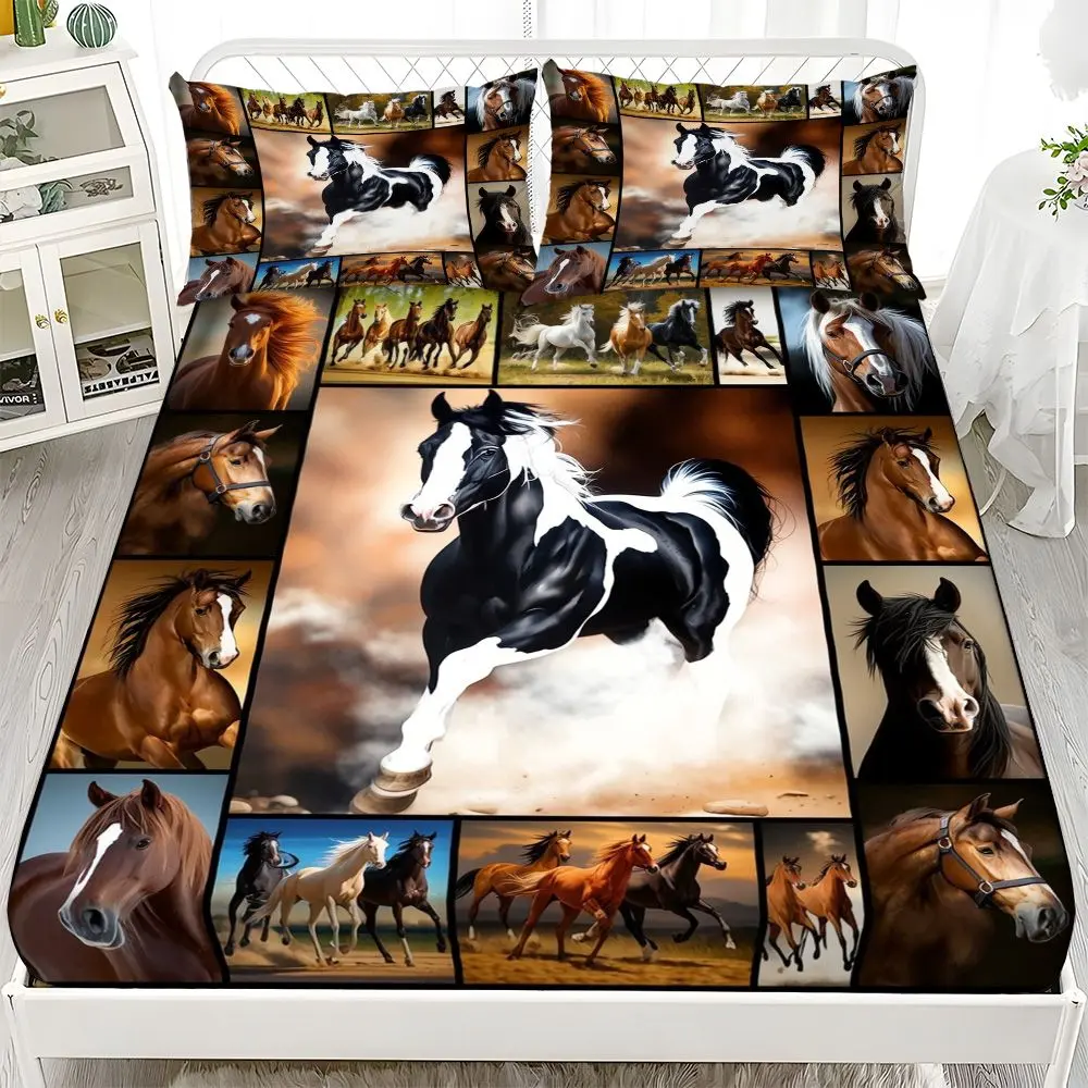 Fitted Sheet 3-Piece Set - 2D Flat Printed Multi-Color Horse Patchwork Pattern Mattress Covers, Available in Ten Sizes (1*Fitted Sheet + 2*Pillowcases, No Filler), Skin-Friendly and Breathable Bedding, Theme Bedding Set