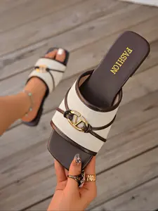 Summer Casual Women’s Flat Chain Buckle Sandals, Open Toe Comfortable Tpr Sole for Beach Wear, Slip-On Design for Easy Use