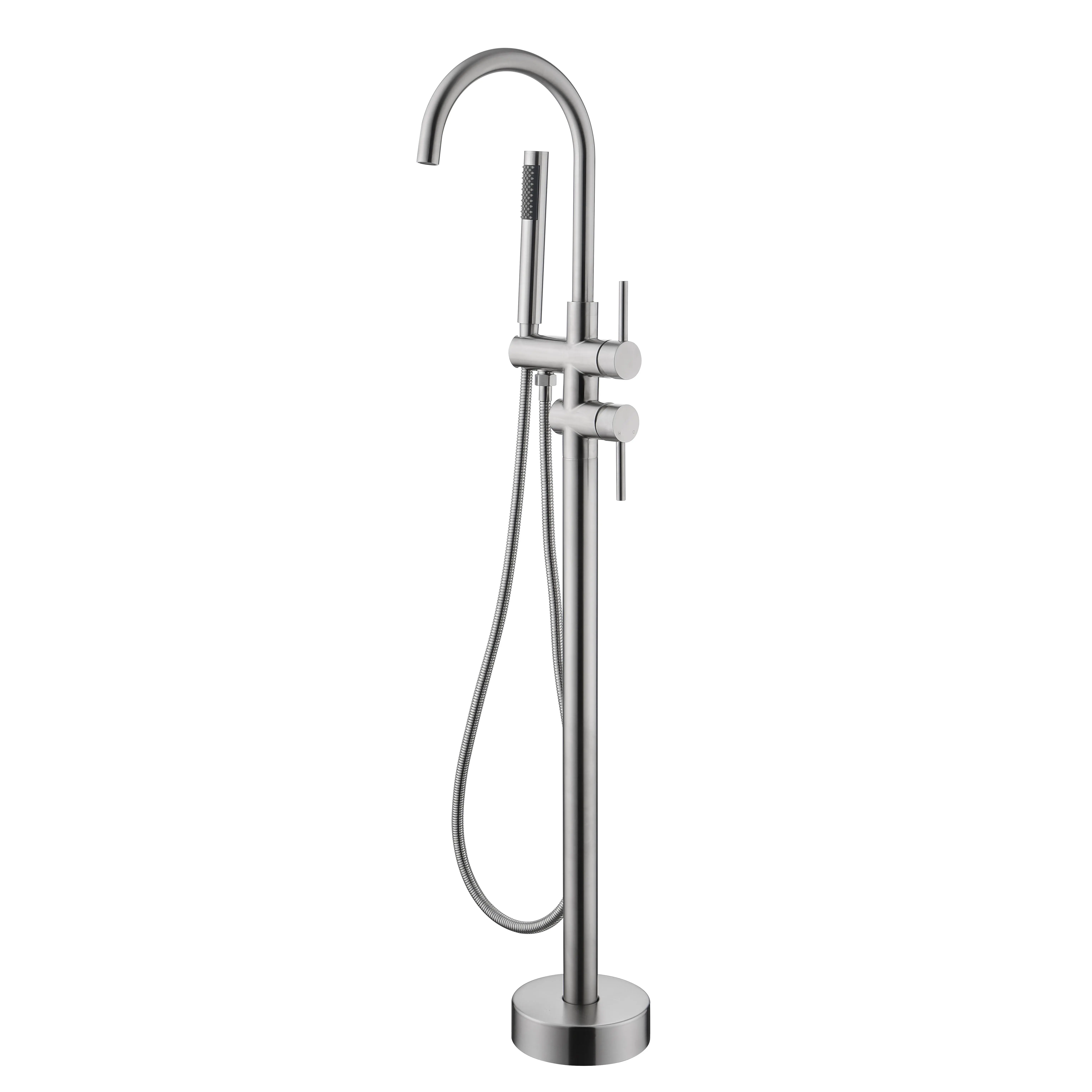 Freestanding Bathtub Faucet Tub Filler Brushed Nickel Floor Mount High Flow Standing Shower Mixer Tap with Handheld Spray Swivel Spout Modern Bathroom Fixture Single Handle Deck Mount Compatible, Bathroom Shower Door for Bathtub, Shower Room