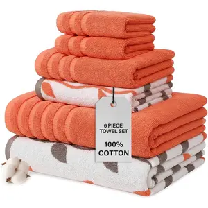 Natural Vine 6-Piece 100% Cotton Towel Set – Yarn Dyed Jacquard – Includes 2 Bath Towels, 2 Hand Towels, 2 Washcloths – Absorbent, Quick Dry, Soft & Durable – Rust Orange