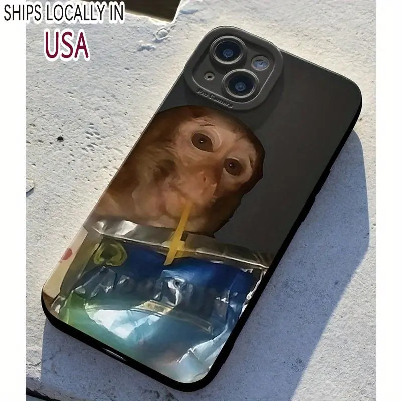 Monkey Sipping Caprisun Phone Case, Fall and Shockproof Phone Case in Summer, Full Side Protection for iPhone 15/14/13/12/11 Pro Max Phone Case