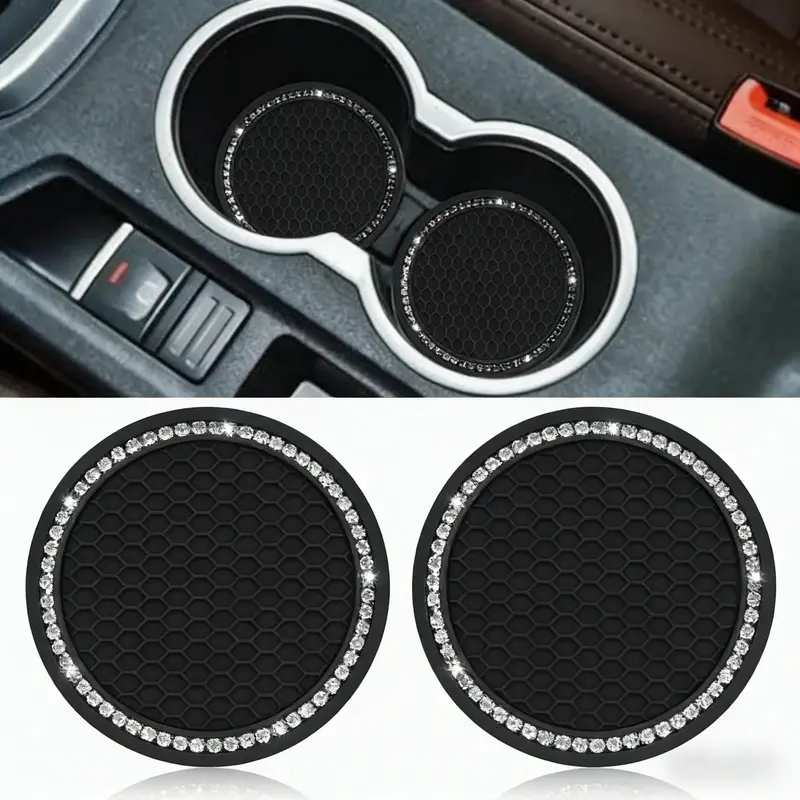 Car Cup Holder Coaster, 2 Pack Universal Bling Vehicle Insert (2.75" Diameter), Crystal Rhinestone Car Interior Accessories Automotive Decoration Car Decorations