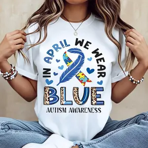 Wear Blue in April Autism Awareness Ribbon and Puzzle Piece T Shirt Casual Round Neck Short Sleeve for Women Celebrating Autism Awareness Month
