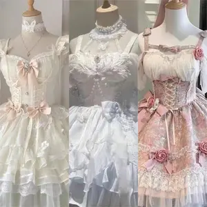 2025 Gothic Sweet Floral Strap Lolita Dress Women Causal Y2k Party Midi Dress Beach Bow Kawaii Clothing One Piece Dress Punk