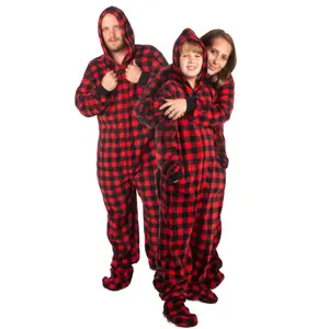 Hoodie Footed Onesie Buffalo Plaid Fleece Pajamas for Men & Women