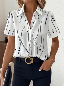 2026 Women's Abstract Geometric Print Short Sleeve Button-Down Shirt, Casual Office Top, Summer Loose Fit Business Blouse