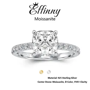 Effinny Female 2.0 Carats Single Stone Moissanite Ring Band - Tarnish-Resistant D Color VVS1 Excellent Cushion Cut, 14K Gold-Plated Wedding-Ready Engagement/Promise Jewelry for Travel